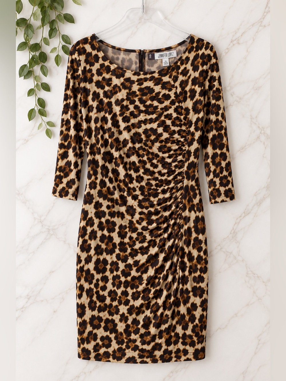 Jennifer Lopez Leopard Print Ruched Bodycon Midi Dress XL